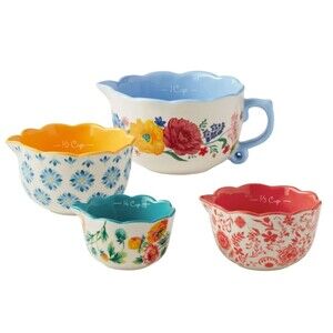 Pioneer Woman Brilliant Blooms Measuring Cup Bowls 4-Pc Ceramic Floral Gift New